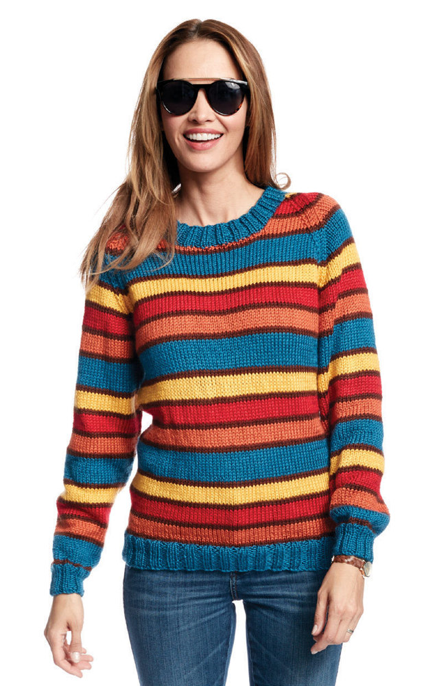 Adult's Knit Crew Neck Striped Pullover in Caron Simply Soft