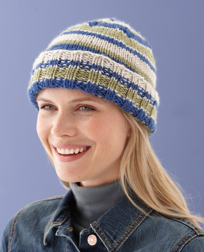 Modern Striped Hat in Lion Brand Vanna's Choice L10540 Knitting